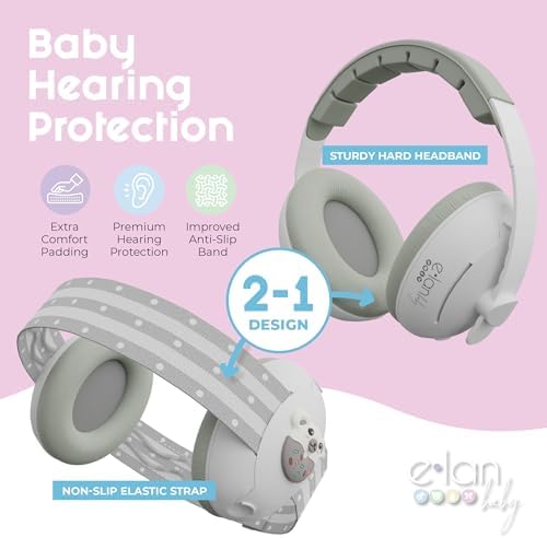 Baby wearing Elan Baby ear muffs with elastic headband