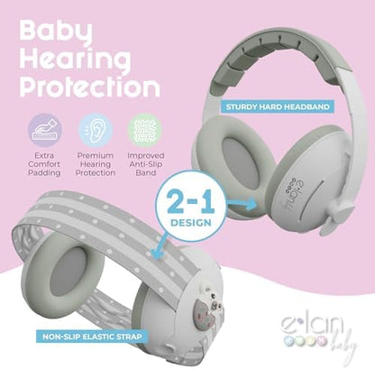 Baby wearing Elan Baby ear muffs with elastic headband