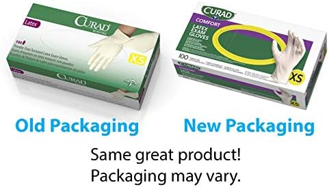 Textured powder-free latex exam gloves in X-Small size showing grip detail and packaging.