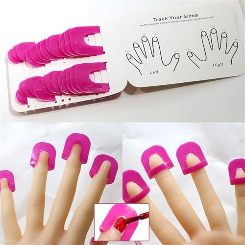 Close up view of a pink plastic shield being applied to a finger for mess-free painting