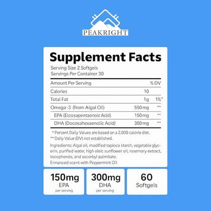 Nextrino Peakright fish-free algae oil supplement label