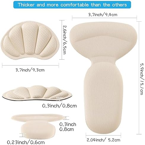 Beige heel cushion inserts being applied to the back of a shoe.