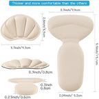 Beige heel cushion inserts being applied to the back of a shoe.