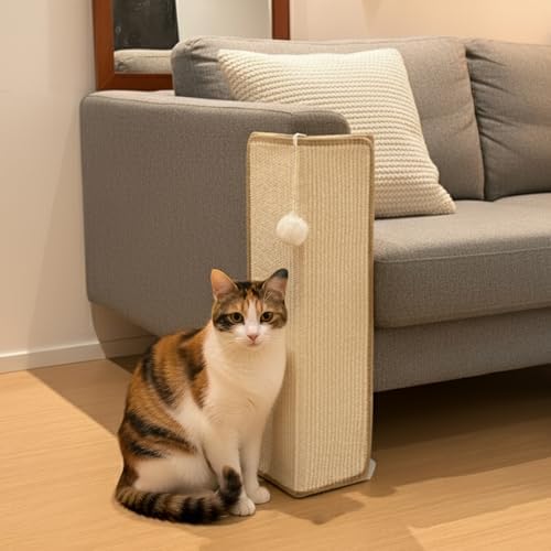 PETKARAY couch corner scratching post placed snugly against a fabric living room sofa edge