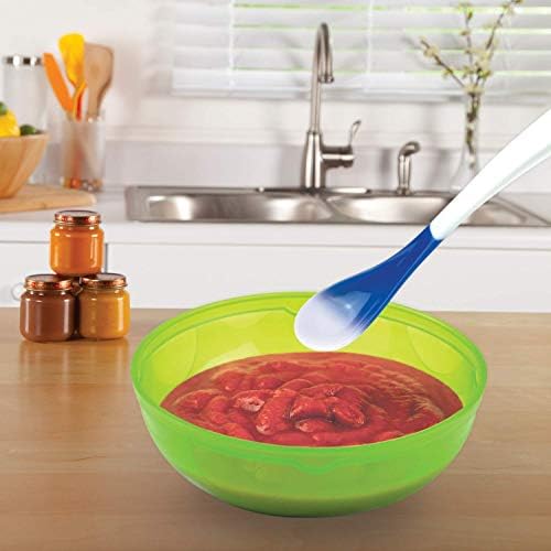 Close up of color changing heat sensitive spoon tips turning white in warm baby food
