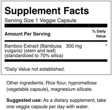 Swanson Bamboo Extract 300mg supplement facts label showcasing seventy percent silica concentration
