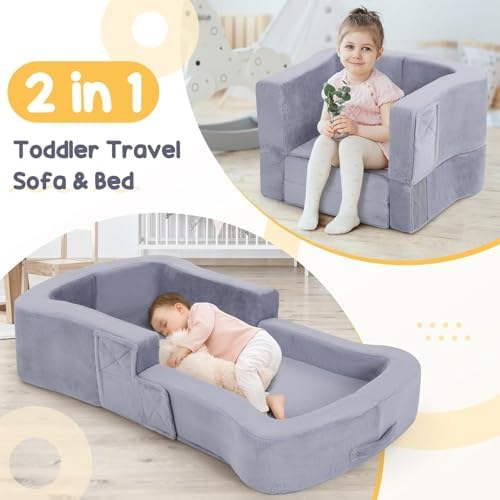 Whiffee portable toddler floor mattress folded into a compact kids sofa chair configuration for playroom lounging.