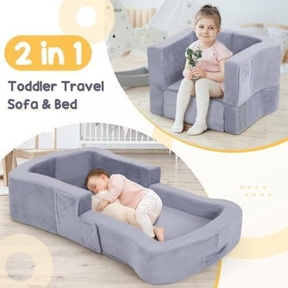 Whiffee portable toddler floor mattress folded into a compact kids sofa chair configuration for playroom lounging.