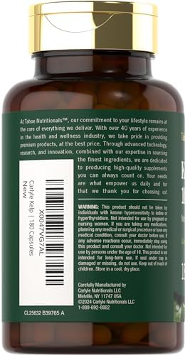 Close up of Tahoe Nutritionals kelp capsules bottle nutrition facts