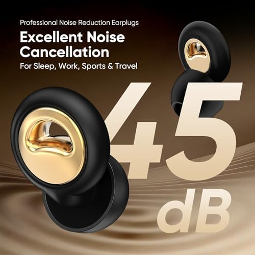 SWturK noise cancelling ear plugs displayed inside their open black charging style carrying case.