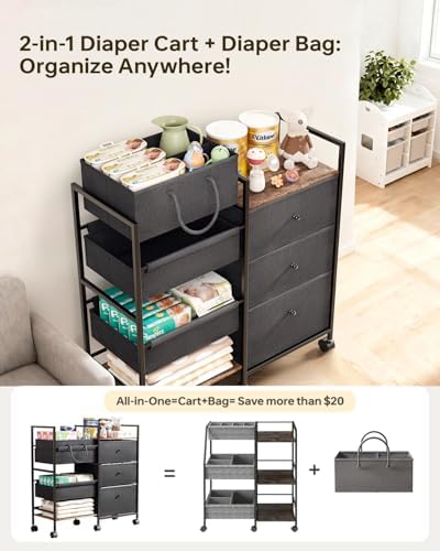 3-tier mobile diaper cart with storage drawers and dividers