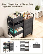 3-tier mobile diaper cart with storage drawers and dividers