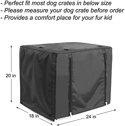 Three quarter angle of the dark shading dog crate cover illustrating universal fit dimensions.