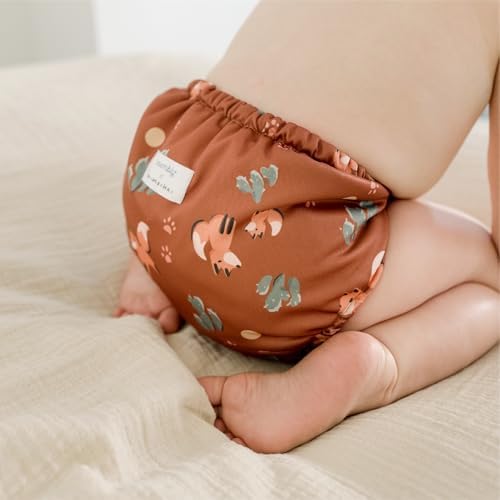 Front view of Esembly waterproof outer diaper cover with fox pattern.