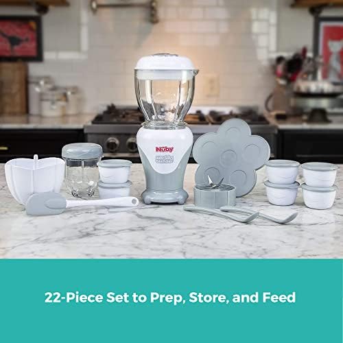 Nuby Mighty Blender weaning set accessories including soft tip spatula and long feeding spoons.