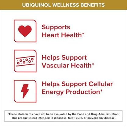 Side view of Qunol active form CoQ10 60 count supplement highlighting heart and vascular support facts