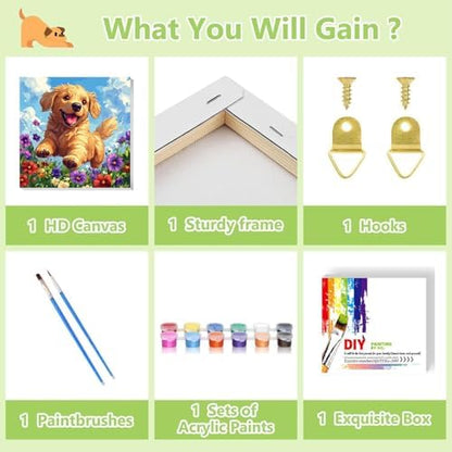 Close up view of numbered canvas sections and premium brushes for young artists