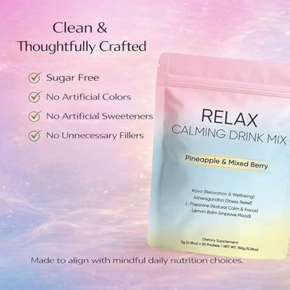 Plant powered relaxation powder highlighting the non GMO and gluten free certifications.