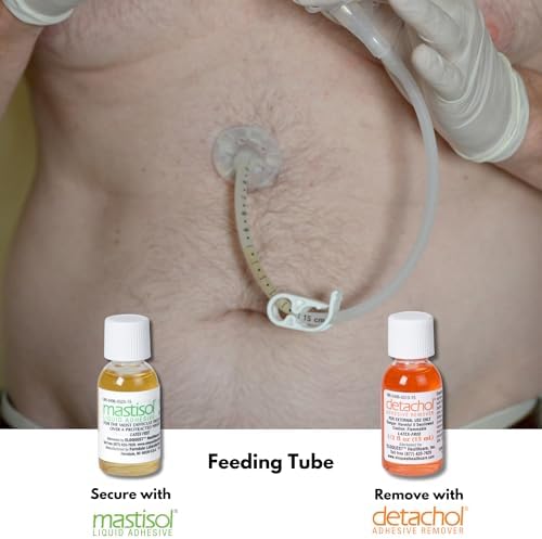 Applying Detachol adhesive remover to gently lift medical tape from the skin surface.
