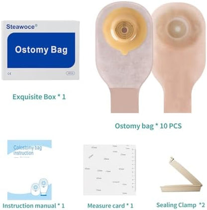 Complete package kit of ten count one piece drainable colostomy bags with sealing clips for secure daily stoma management