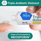 Med Pride first aid triple antibiotic ointment packaging details showing active ingredients and wound care benefits