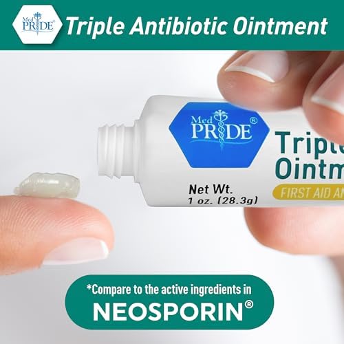 Med Pride first aid triple antibiotic ointment packaging details showing active ingredients and wound care benefits