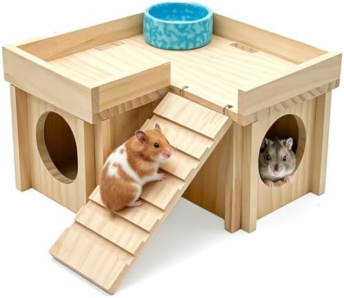 Wooden Hamster Hideout,Dwarf Hamster Hide House with Platform & Bowl & Ladder,Small Hamsters Maze Hut Hides Habitats Decor Cage Accessories for Gerbils,Mice,Mouse - Image 2