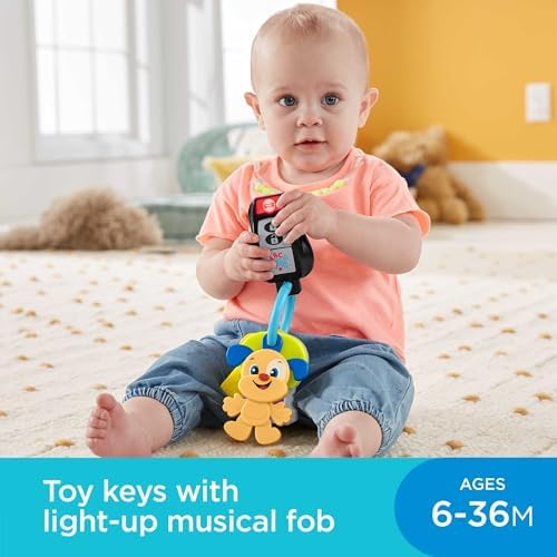Close-up of the buttons on the Fisher-Price infant musical keychain toy.