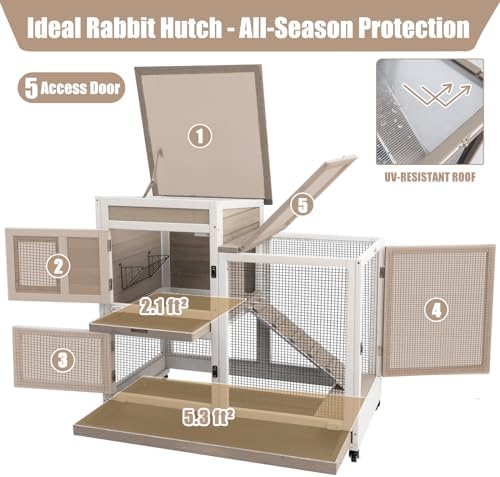 PetsCosset Rabbit Hutch Indoor 40" L Large 2 Story Outdoor Wooden Bunny Hutch with Run, 4 Metal Wheels & 2 Deeper Trays, UV-Proof Panel Rabbit Cage Guinea Pig Pet House for Small-Medium Animals - Image 5