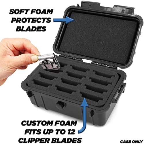 CASEMATIX barber storage case open view displaying twelve custom foam slots holding professional detachable blades