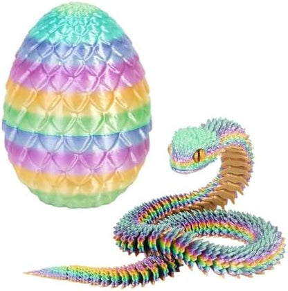 Articulated rainbow snake emerging from a 3D printed egg