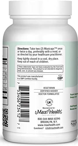 Maxi Health 120 vegetarian capsules organic flaxseed oil packaging for heart and joint health