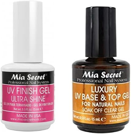 Mia Secret UV Finish Gel Ultra Shine and Luxury UV Base and Top Gel clear bottles front view