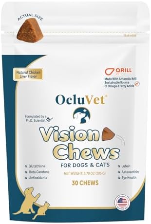 OcluVet pet eye supplement bag showing natural chicken liver flavor label
