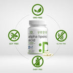 Close up of Deal Supplement green logo on the high potency ALA supplement bottle.