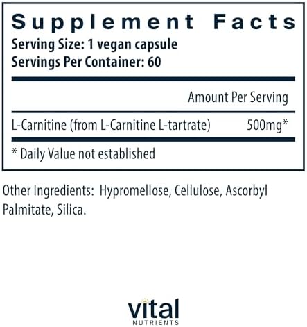 Vital Nutrients L-Carnitine 60 capsules supplement label supplement facts