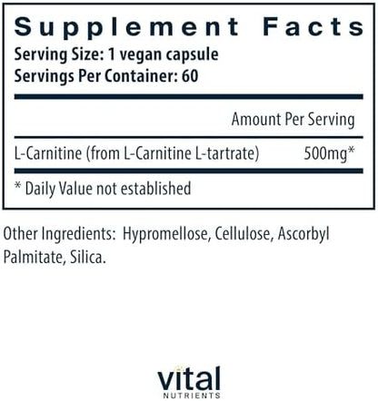 Vital Nutrients Carnitine 60 vegan capsules bottle label