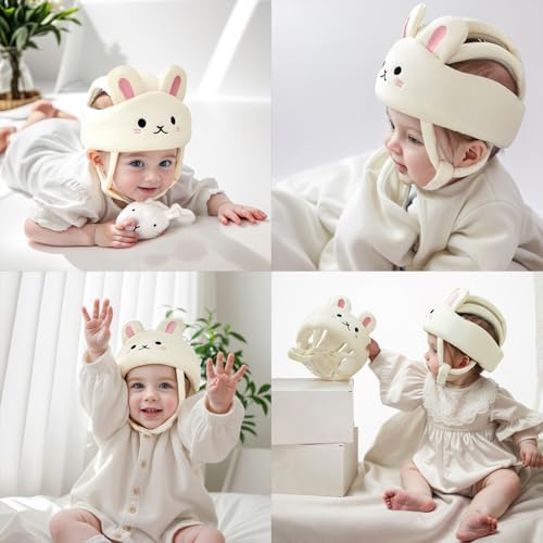 Baby wearing Corstae head protector while crawling