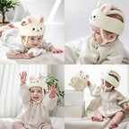 Baby wearing Corstae head protector while crawling