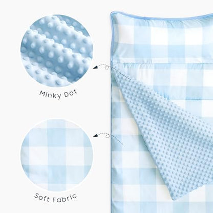 Wake In Cloud premium microfiber children sleeping bag laid flat on a kindergarten cot surface