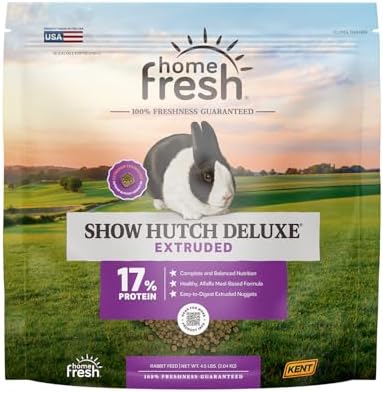 Authentic USA imported Blue Seal rabbit feed resealable packaging detailing premium prebiotics and alfalfa ingredients.
