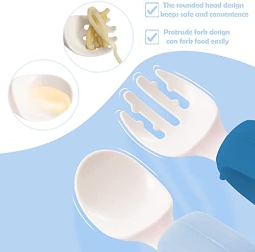 Blue and light blue baby spoons and forks with travel case