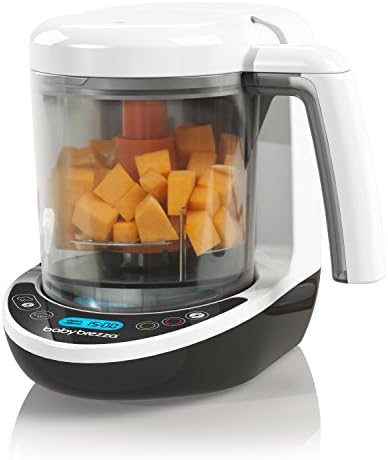 Baby Brezza toddler food cooker pouring smooth homemade organic fruit puree through a funnel into a reusable storage pouch