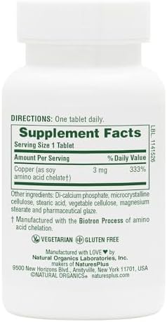 NaturesPlus Copper gluten free trace mineral vegetarian tablets for energy metabolism