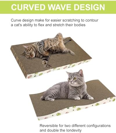 Included small bag of natural catnip being applied to the texture of the modern cardboard cat scratching board.