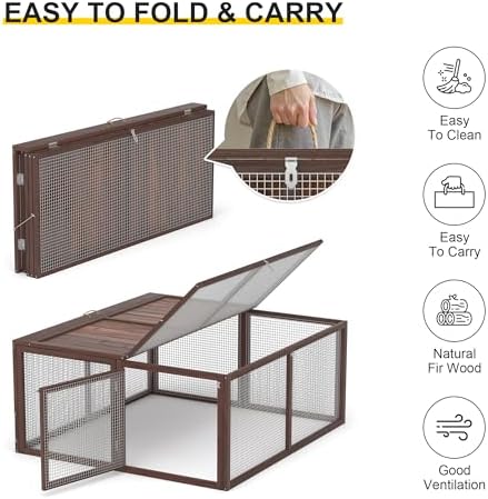 Chicken Coop, Wooden Rabbit Hutch Outdoor Indoor Folding Bunny Cage with Handle Portable Chicken Run with Top & Side Opening Doors Small Animal Playpen No Assembly Pet Poultry Cage for Bunny(Brown) - Image 4