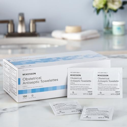 McKesson medical grade antiseptic towelette packet showing 0.13 percent BZK concentration.