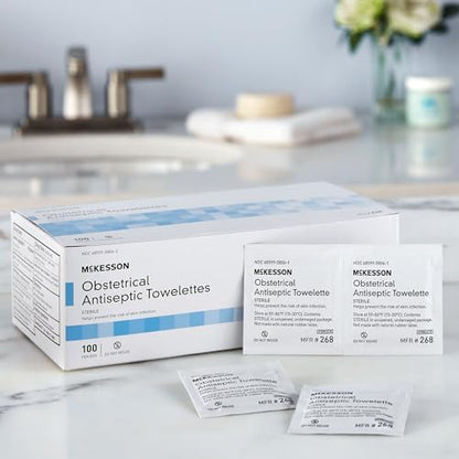 McKesson medical grade antiseptic towelette packet showing 0.13 percent BZK concentration.