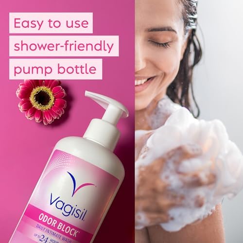 Close up of Vagisil Odor Block pump dispenser for easy shower use