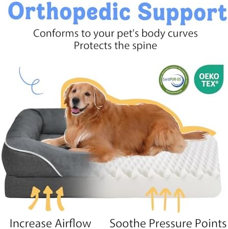 Chez Paw Large Orthopedic Dog Bed for Extra Large Dogs, Waterproof XL Egg-Crate Foam Dog Bed with Removable Washable Cover & Non-Slip Bottom, 4-Sided Bolster Support,Grey 42"x30"x7.5" - Image 3
